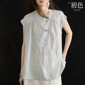 初色 法式文藝風純色圓領紐扣拼接褶皺寬鬆輕薄小飛袖襯衫上衣女上衣-淺藍色-52701(M-2XL可選)