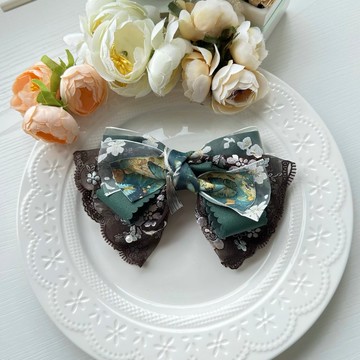 印花紗蕾絲蝴蝶結彈夾髮夾髮飾頭飾-墨綠咖啡色