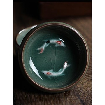 青瓷品茗杯功夫茶具茶杯茶盞哥窯冰裂小魚杯小茶碗主人杯單杯創意