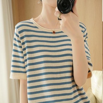 100%純棉2023夏洋氣條紋短袖T恤女寬松圓領背心針織棉麻bf風半袖