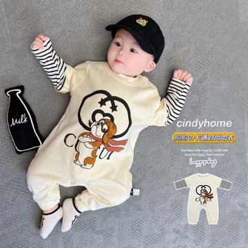 卡通狗狗嬰兒連體衣春秋冬季加絨純棉條紋寶寶哈衣爬服初秋裝衣服
