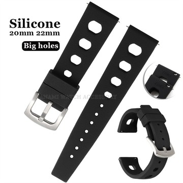 2.0 熱帶黑色矽膠錶帶 20 毫米 22 毫米穿孔透氣加厚橡膠錶帶快速釋放手鍊男士女士運動潛水腕帶