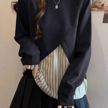 爆款出清  上衣女 長袖女顯瘦 百搭上衣 長袖T恤 早秋 內搭上衣 秋新款假兩件條紋圓領長袖衛衣女寬鬆顯瘦設計感
