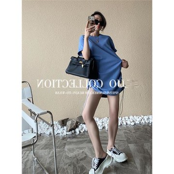 小個子高級感霧霾藍連衣裙2026年新款夏季減齡短袖抽繩T恤裙ins女