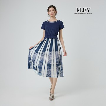 ILEY伊蕾 海浪印花拼接純棉洋裝(深藍；M-2L)