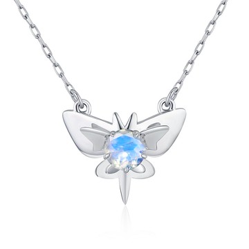 蝴蝶月光石項鍊-立體疊戴墜飾-簡約14k白金吊墜-6月生日石