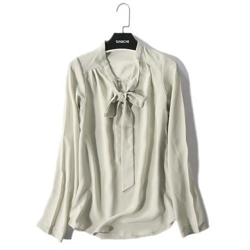 2025春夏桑蠶絲襯衫女真絲長袖上衣蝴蝶結飄帶衫優雅嫩粉色T恤衫