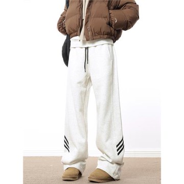 0123Start 美式復古條紋衛褲女寬松闊腿直筒垂墜感休閑運動褲子