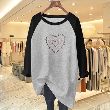 愛依依 上衣 長袖T卹 印花上衣 學院風 中大碼 M-3XL 新款插肩長袖打底衫撞色薄款內搭圓領T恤上衣-10015.