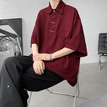 【台灣出貨】 酒紅色肌理感Polo衫短袖男夏季冰絲垂感大碼男裝新中式國風七分袖