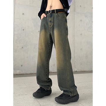 復古牛仔褲男美式潮牌寬松黃泥染直筒褲水洗做舊闊腿垂感休閑長褲