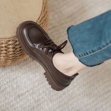 真皮厚底小皮鞋女英倫風2023年春秋新款日系jk系帶學院風棕色單鞋