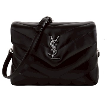 YSL-銀金屬YSL 羊皮山形紋皮革斜背包(黑)小款