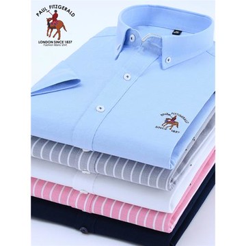 保羅純棉牛津紡短袖襯衫白色商務修身純色男休閑薄款襯衣條紋寸衣