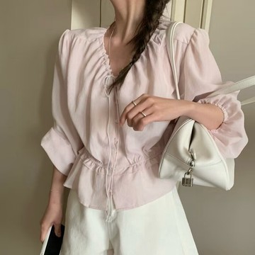 韓國🇰🇷甜美淡粉🌸｜系帶拼接木耳邊百搭修身襯衫
