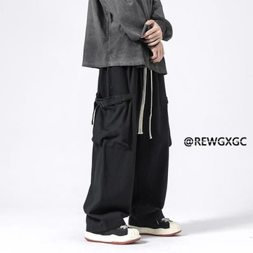 日系寬松闊腿工裝褲潮牌男痞帥炸街大碼黑色休閑沖鋒褲子男春秋款