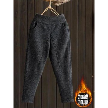 加絨哈倫衛褲女冬裝文藝松緊腰外穿加厚保暖小腳休閑針織毛呢長褲