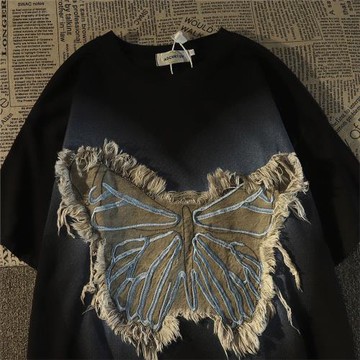 特大碼300斤港風復古蝴蝶短袖t恤男寬松潮牌vintage上衣體恤