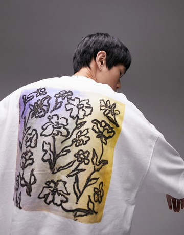 Topman extreme oversized t-shirt with front and back pastel flower print in white