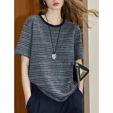 2025年夏季新款經典條紋短袖T恤女裝簡約設計感寬松顯瘦百搭上衣