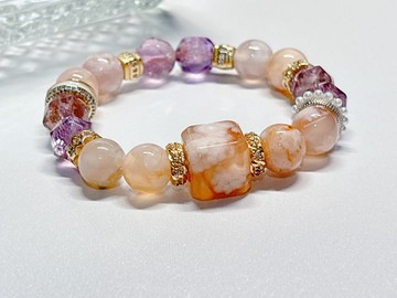 【客製】花影紫韻 l 櫻花瑪瑙。切面紫晶。設計手鍊 I 銅鍍金配件