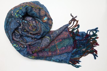 【聖誕禮物】喀什米爾水煮羊毛手工刺繡圍巾披肩深海寶藍海洋風