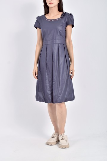 (M) perng yuh雪紡短袖珍珠玫瑰深藍色洋裝