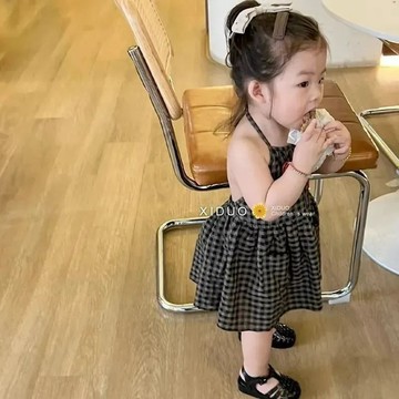 mori🎀mori寶寶童裝女童連衣裙夏季2023新款洋氣格子露背兒童裙子吊帶裙薄款