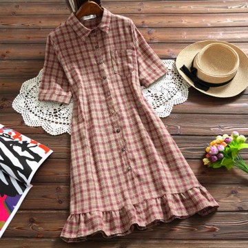 2024新款森女系格子棉麻連衣裙夏季文藝女裝小清新寬松中長款襯衣