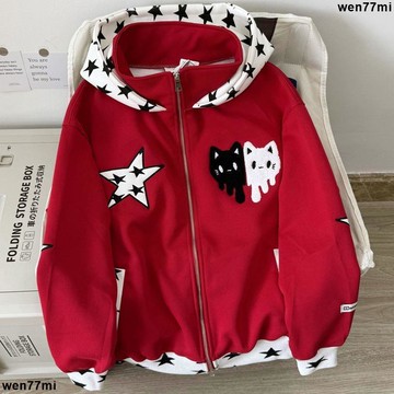 超實惠臘 秋冬女外套 寬鬆外套美式復古星星貓咪刺繡開衫拉鍊外套秋冬大碼女裝寬鬆連帽衛衣