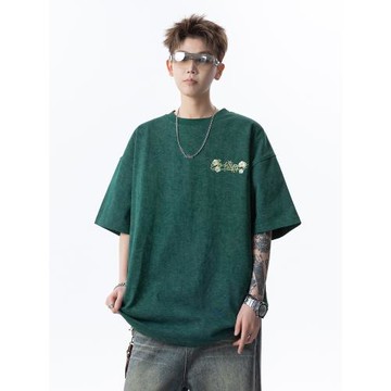 悟空有貨美式潮牌重磅刺繡圓領短袖T恤男女夏季寬松情侶半袖體恤