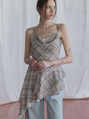 [TWEE GROWHIDE] Thick Shirred Check Unbalanced One-Piece Dress