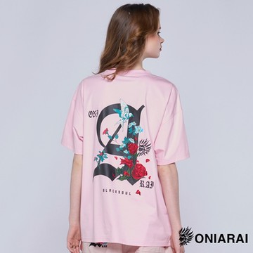 鬼洗 BLUE WAY – 四季繪玫瑰男女款情侶寬鬆短TEE(粉)