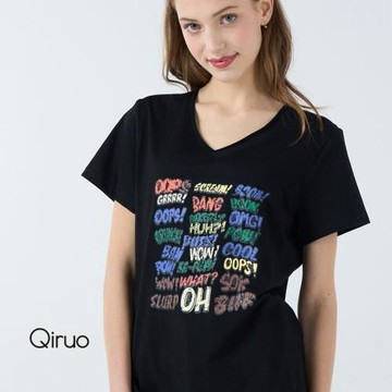 【Qiruo 奇若】春夏專櫃精品黑色上衣7011A 時尚英文短袖