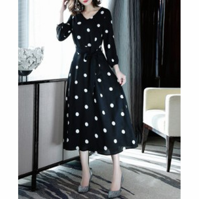 クラシカルなドットワンピース レトロ ミモレ丈 Vネック ウエストリボン ドット柄 レディース ワンピース 通販 Lineポイント最大1 0 Get Lineショッピング
