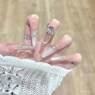 🎀純手工穿戴甲🎀氣質僊女美甲透裸色穿戴甲法式貓眼奢華大鑽長款細狗美甲純手工新年美甲貼片顯白美甲片高級感穿戴甲 RF8D