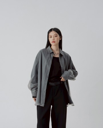 雙層透紗條紋設計襯衫-黑