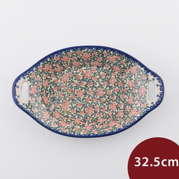 波蘭陶 綠野玫瑰系列 雙耳橢圓形深盤 32.5cm 波蘭手工製