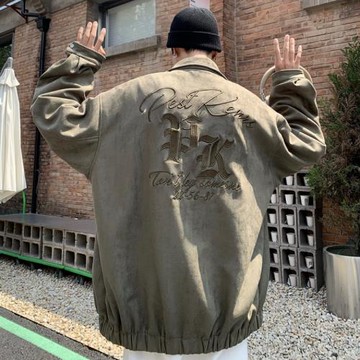 鹿皮絨夾克男春秋款字母刺繡設計感上衣美式復古重磅外套男士秋裝