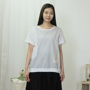 花木馬日系女裝針梭織拼接不對稱設計休閒T恤