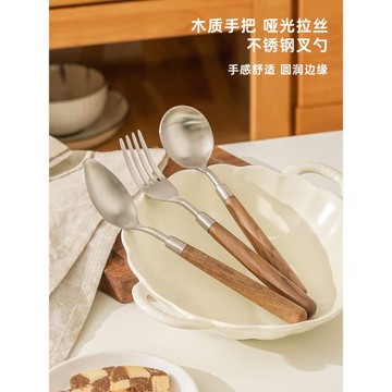 木柄勺子叉子組合湯勺高級感304不銹鋼兒童吃飯勺餐叉子調羹湯匙