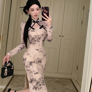 臺灣出貨🏆 側開叉復古旗袍 新中式 長袖 改良高彈力 修身顯瘦連身裙