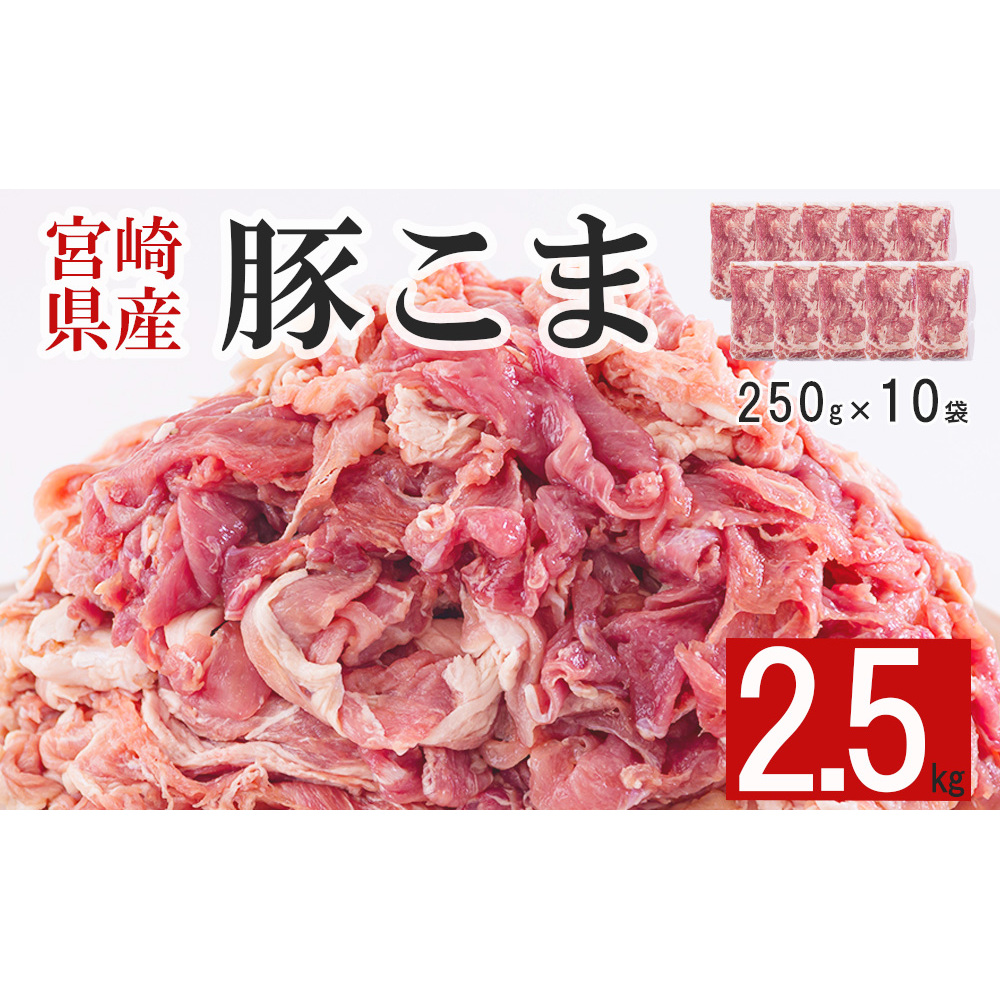 宮崎県産 豚 小間 切れ 2.5kg 250g×10 こま 小分け 豚肉 冷凍 宮崎県産 送料無料 炒め物 焼肉 調理 料理 豚汁 カレー 豚丼 大容量 真空 手切り カット やわらかい 普段使い