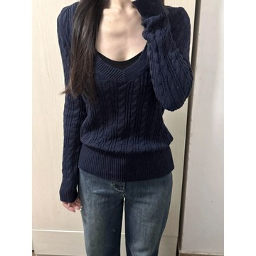 Vuja de  藏青色針織毛衣 V領毛衣  頭套  设计感  針織上衣 秋冬 長袖 oversize 寬鬆上衣 衣服女