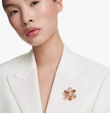 【Swarovski 施華洛世奇】Idyllia 鏈墜和胸針 (混合式切割 花朵 漸層色 鍍金色色調)(5735227)