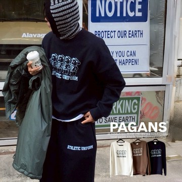 【PAGANS STORE】韓國 復古 美式 熊熊 斑駁字體 棒球 印花 英文 標語 厚磅 內刷毛 長袖 大學Tee