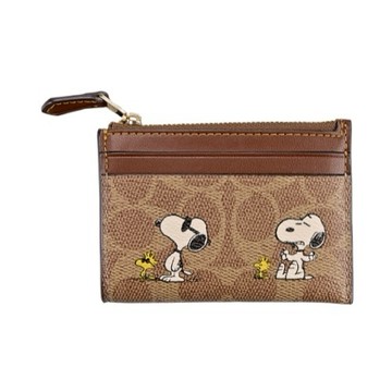 [平輸版] 【COACH】X PEANUTS史努比圖印深淺棕C LOGO PVC拼接素面皮革前卡夾鑰匙零錢包 真品平輸