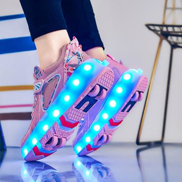女童暴走鞋夏季透氣兒童帶輪子溜冰鞋發光夜光運動男童四輪飛行鞋
