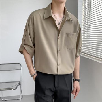 輕熟風短袖襯衫男夏季痞帥設計高級感韓版潮流休閑冰絲七分袖襯衣