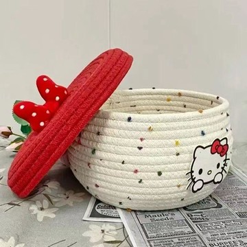 ✨臺灣出貨✨桌面收納筐可愛KT貓棉線編織帶蓋收納筐桌面零食收納盒雜物整理籃